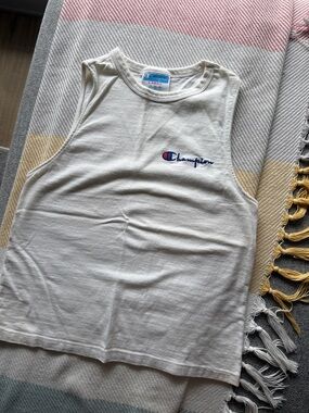 Champion White Tank Top with Blue & Red Script Logo